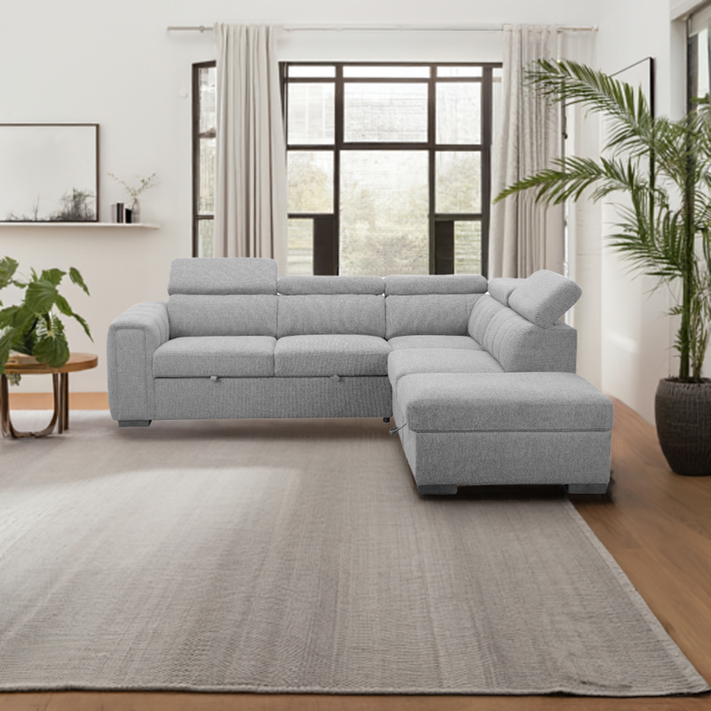 Odelia Fabric 2S W/Sofa Bed RHF Chaise & Ottoman -Grey