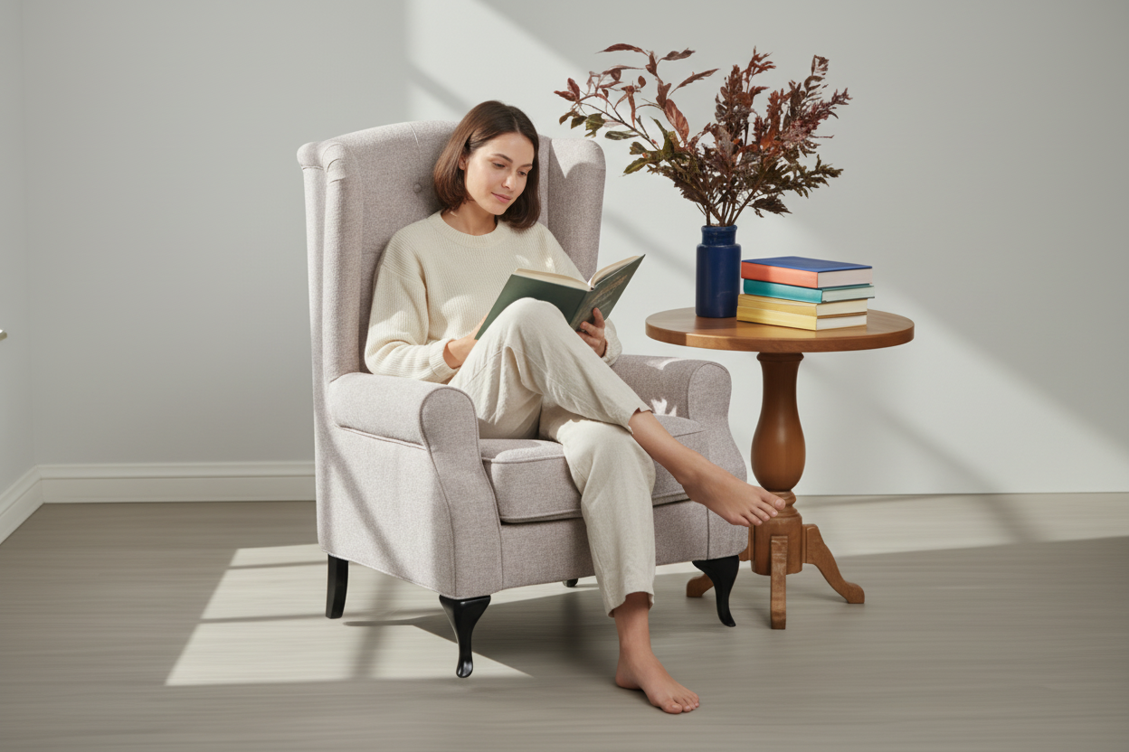 A beige upholstered Royal Chesterfield wing armchair with button tufted detailing, rolled arms, and metal studded timber legs, positioned in a room near a round wooden side table with a vase of flowers.