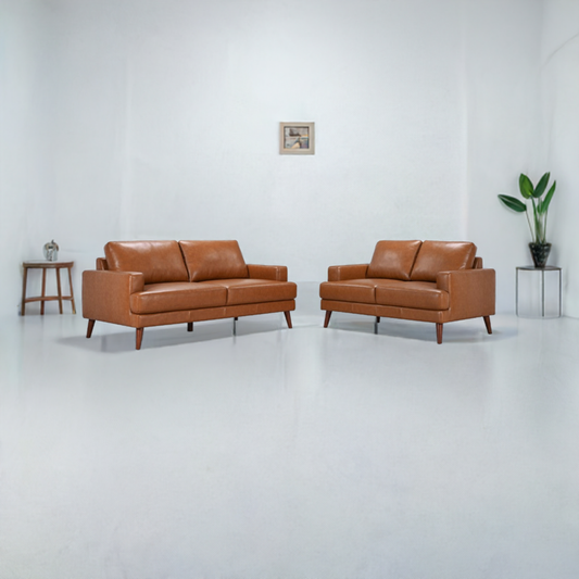 OFFO Mia Cowhide Leather 3S+2S Sofa Set-Tan