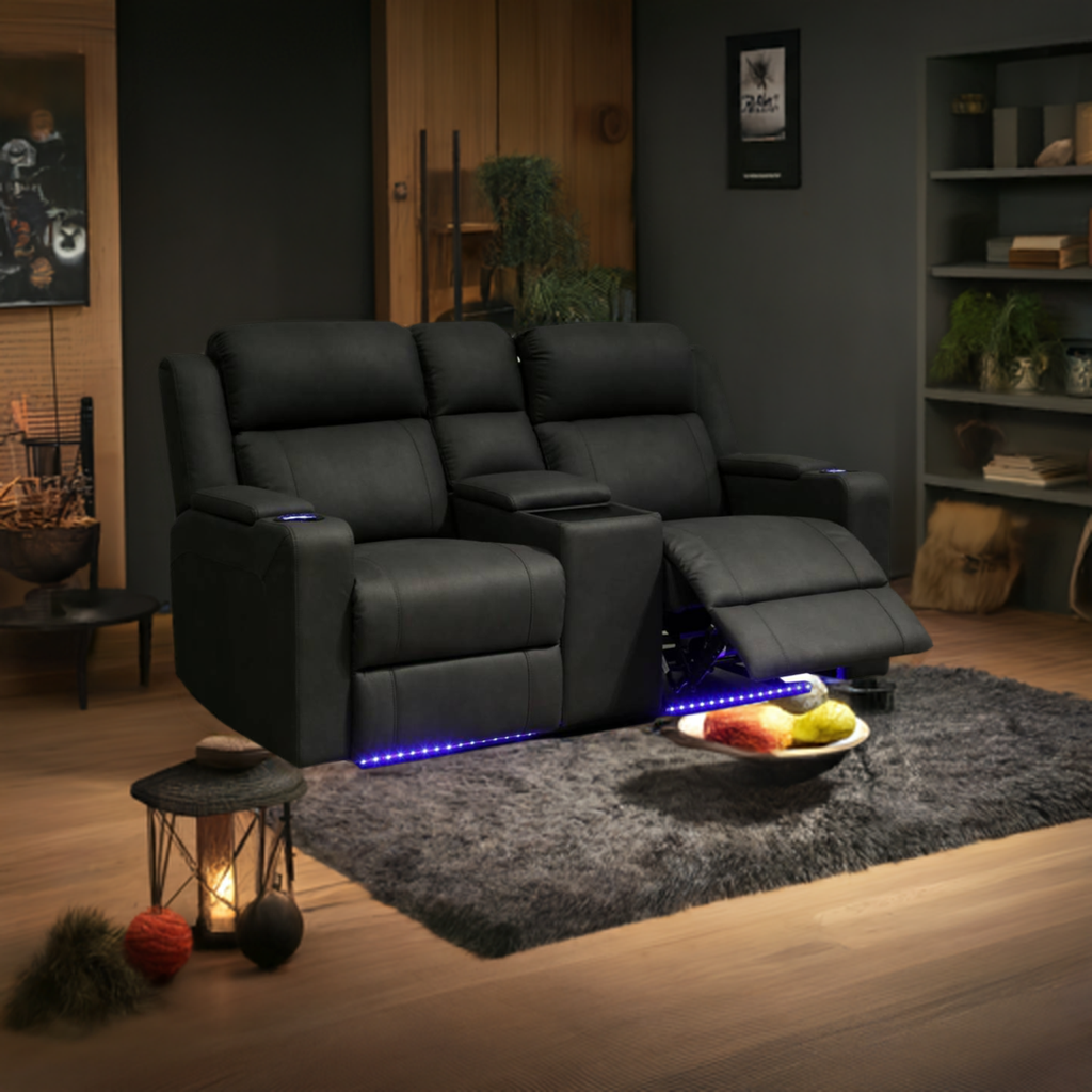 Home Cinema 2 Seater Electric Recliner Rhino Suede Fabric Sofa Black