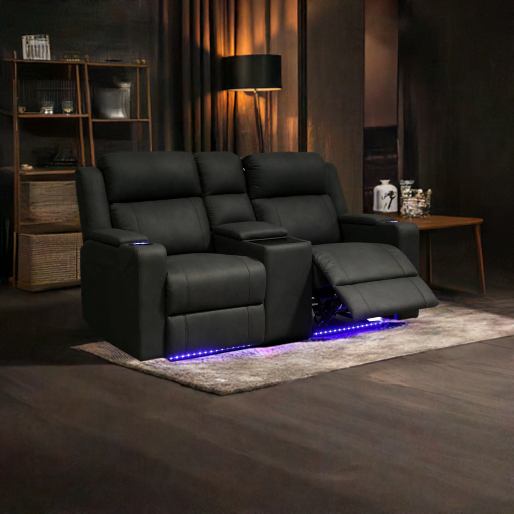 Home Cinema 2 Seater Electric Recliner Rhino Suede Fabric Sofa Black