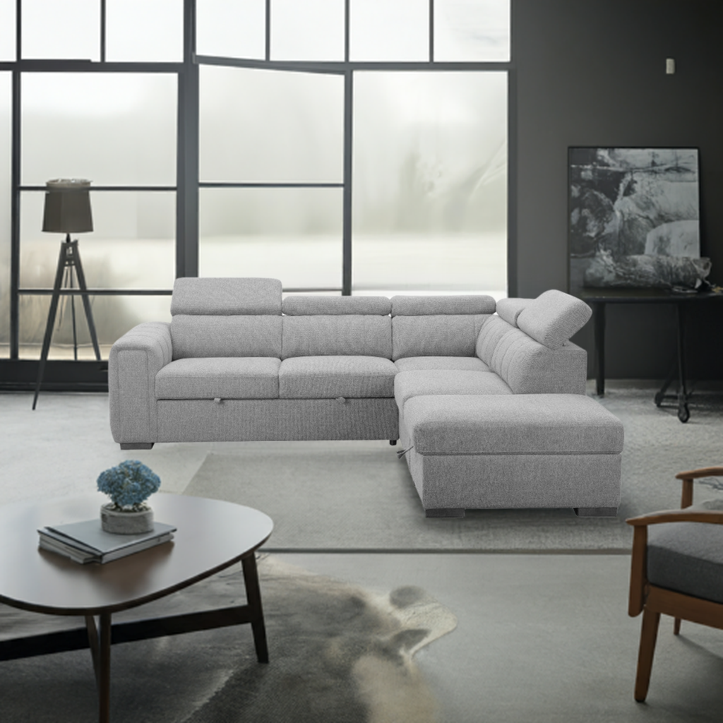 Odelia Fabric 2S W/Sofa Bed RHF Chaise & Ottoman -Grey