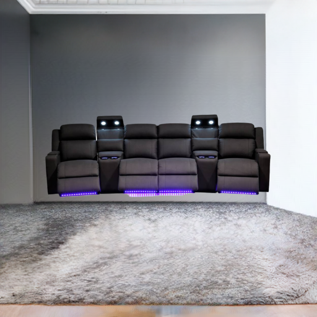 Home Cinema 4 Seater Electric Recliner Rhino Suede Fabric Sofa Black