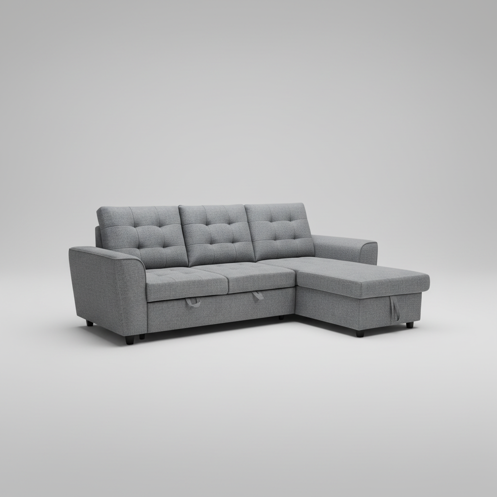 Gray sectional sofa in a modern living room with large windows.