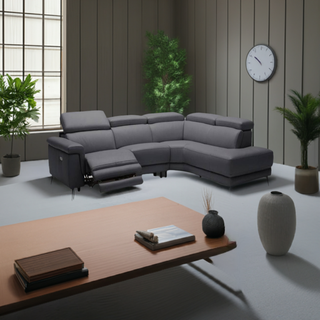Harper Leather Modular Lounge with Electric Reclining Action RHF  -Black