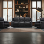 Captvix 3 Seater Lounge with 2 Single Recliner Rhino Fabric Set -Black Onyx