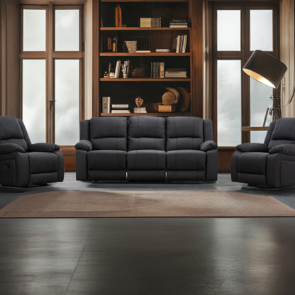 OFFO Captain 3 Seater Lounge with 2 Single Recliner Rhino Fabric Set -Black Onyx