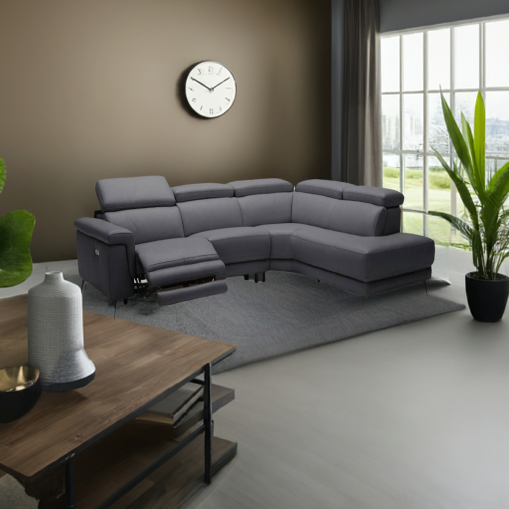 Harper Leather Modular Lounge with Electric Reclining Action RHF  -Black