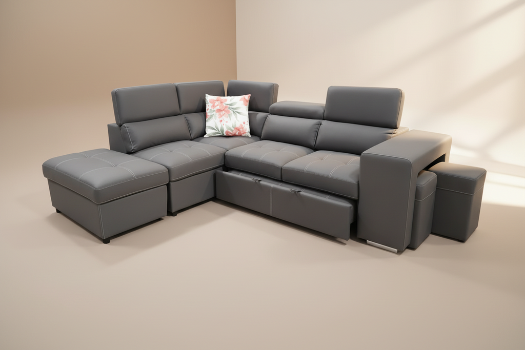Posivix Rhino Fabric 4 Seater Sofa Bed LHF Chaise Ottoman  -Dark Grey