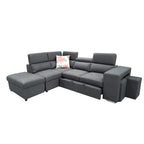 A dark grey, modular 4 seater sofa bed with chaise ottoman and two small hidden ottomans, featuring a solid timber frame and upholstery in a rhino fabric.