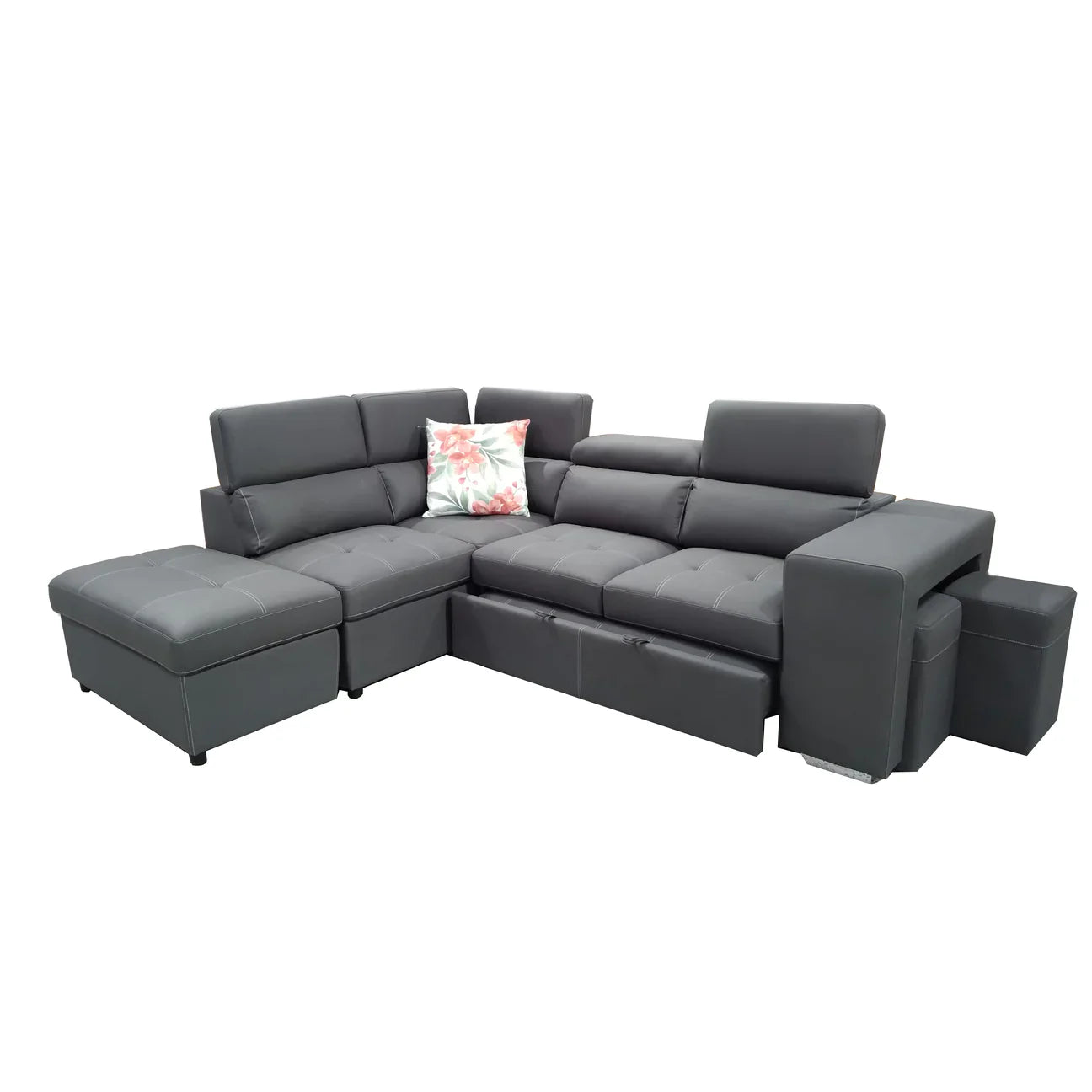 A dark grey, modular 4 seater sofa bed with chaise ottoman and two small hidden ottomans, featuring a solid timber frame and upholstery in a rhino fabric.