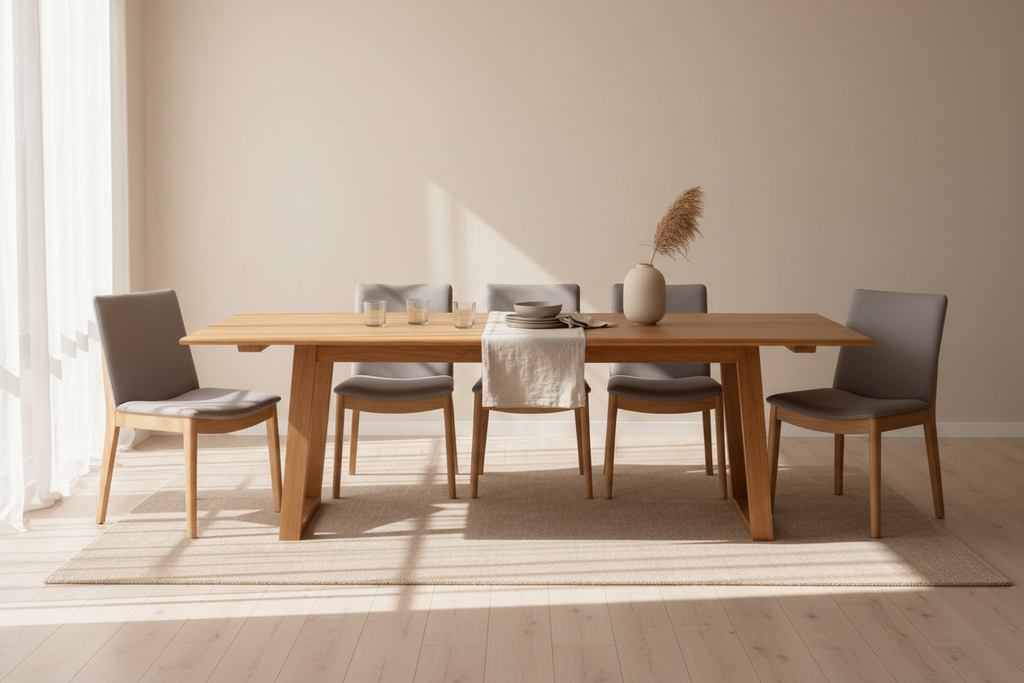 A rectangular dining table made of natural finish wood, accompanied by eight chairs with gray upholstered pewter-colored seats and black metal handles.
