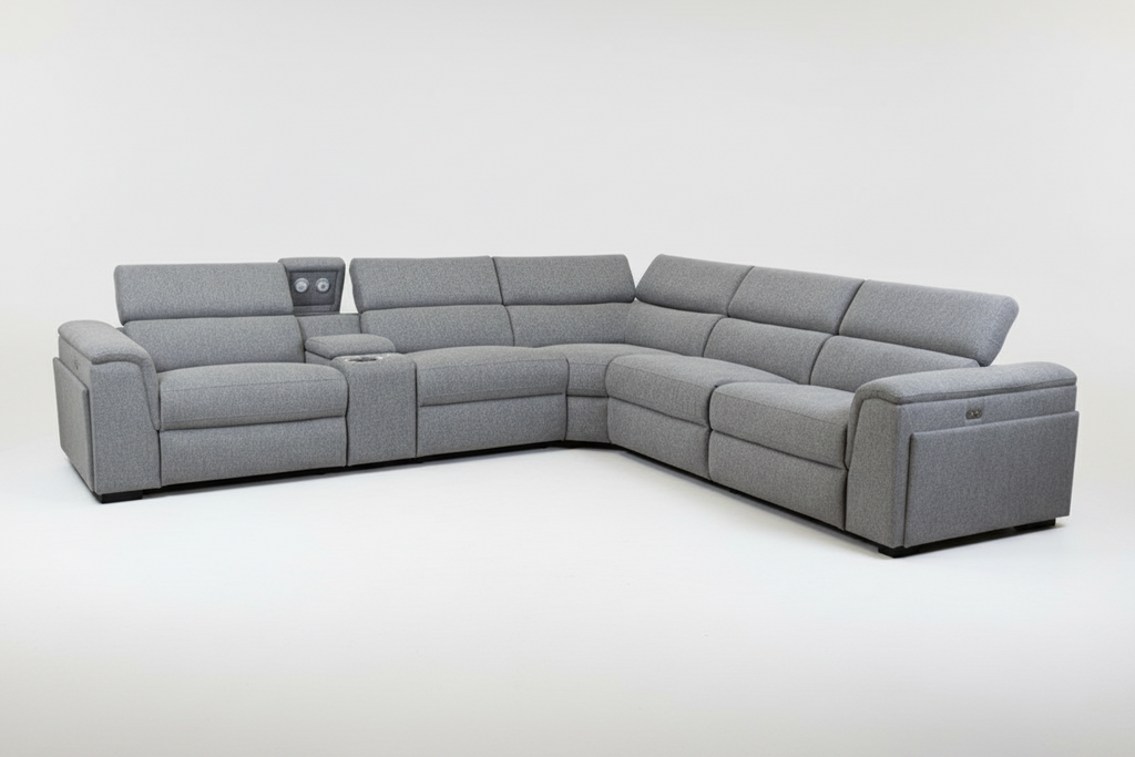 Byron Fabric Corner Modular Lounge W/2 END Electric Recliner-451 Light Grey