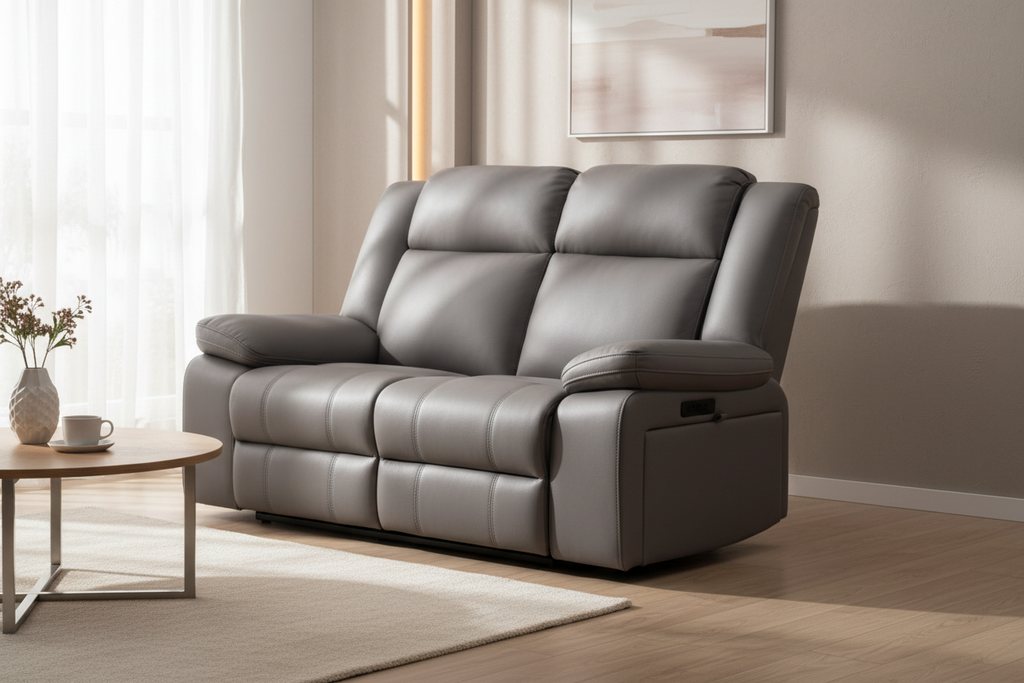 Gray leather sofa with reclining feature on a white background