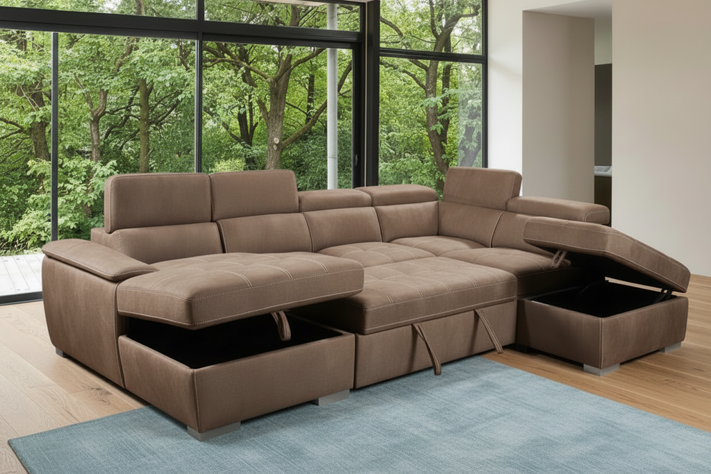 Brighvix Rhino Fabric Sofa Bed RHF Chaise Ottoman  -Mushroom