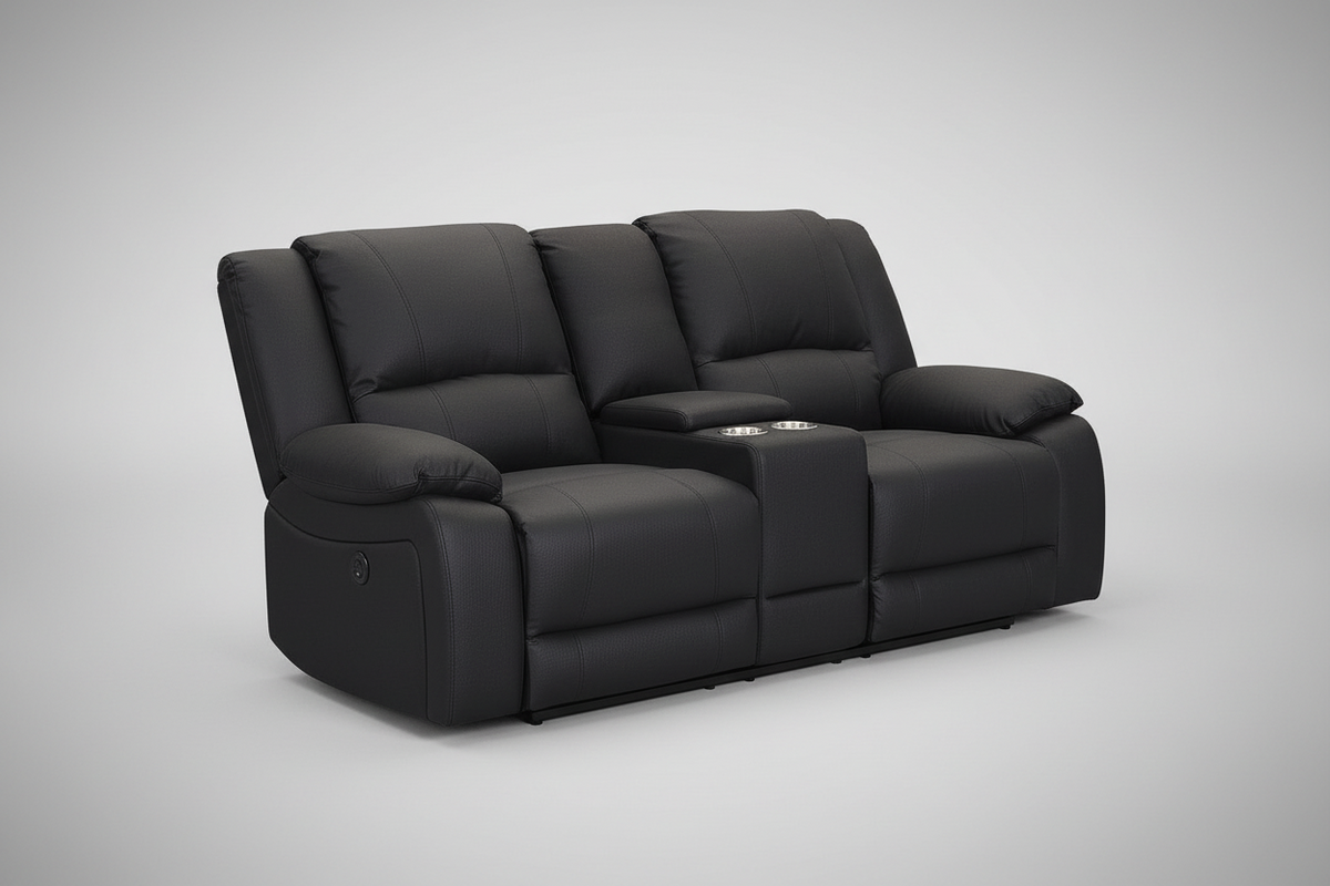 A black onyx Rhino suede fabric electric recliner lounge with generous seating and back cushions, featuring a center console with USB ports and cup holders.