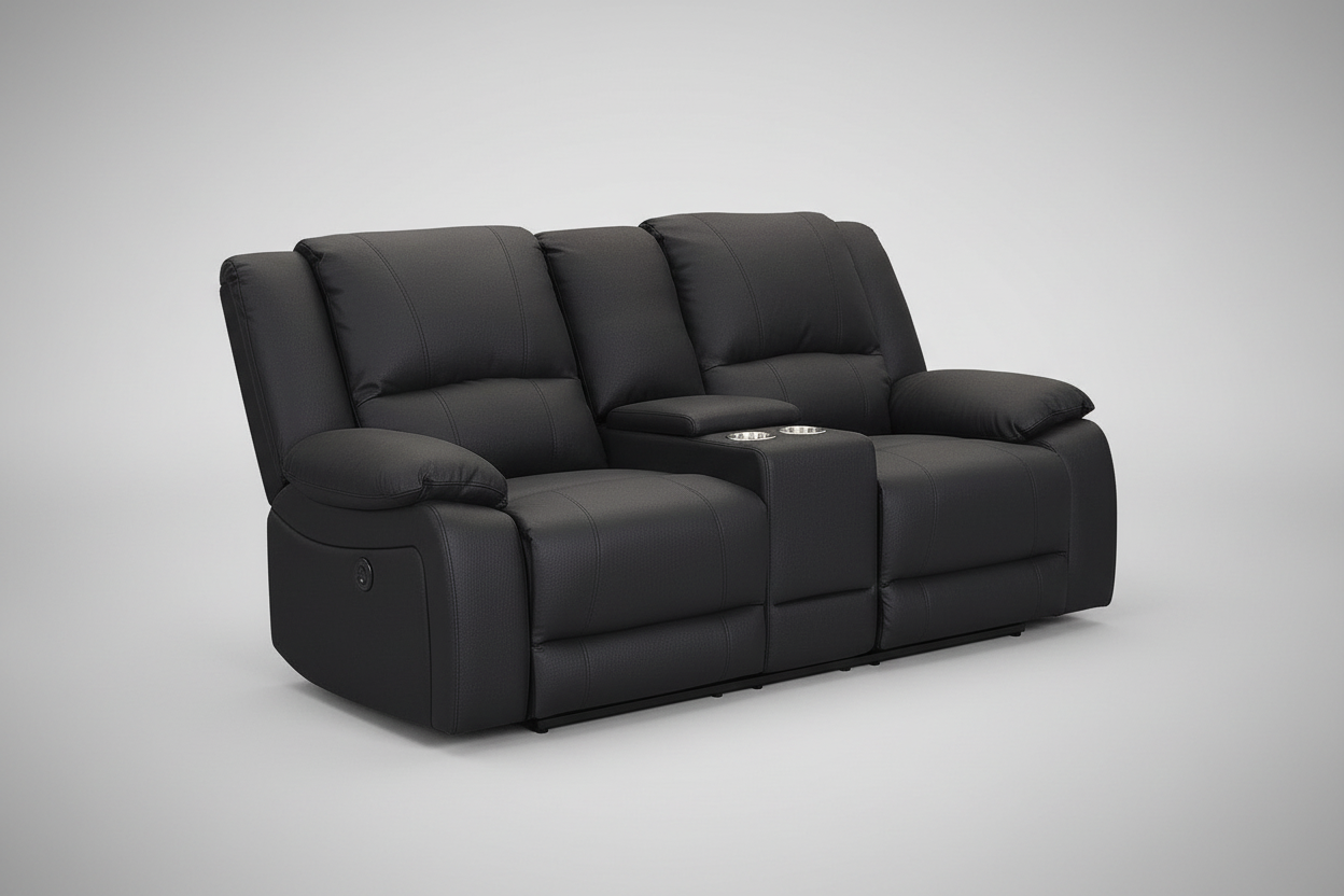 A black onyx Rhino suede fabric electric recliner lounge with generous seating and back cushions, featuring a center console with USB ports and cup holders.