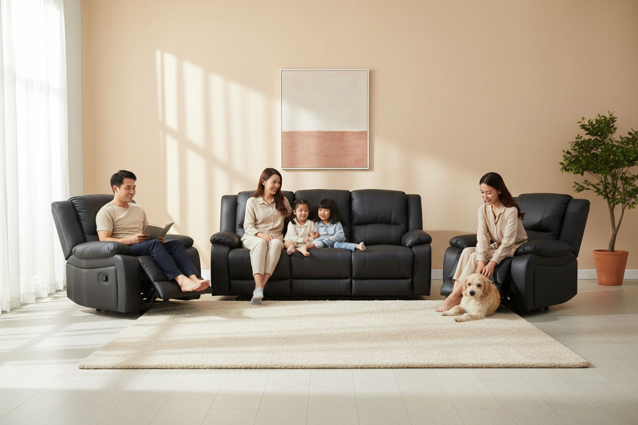 Family with a dog sitting on a black leather sofa in a modern living room.
