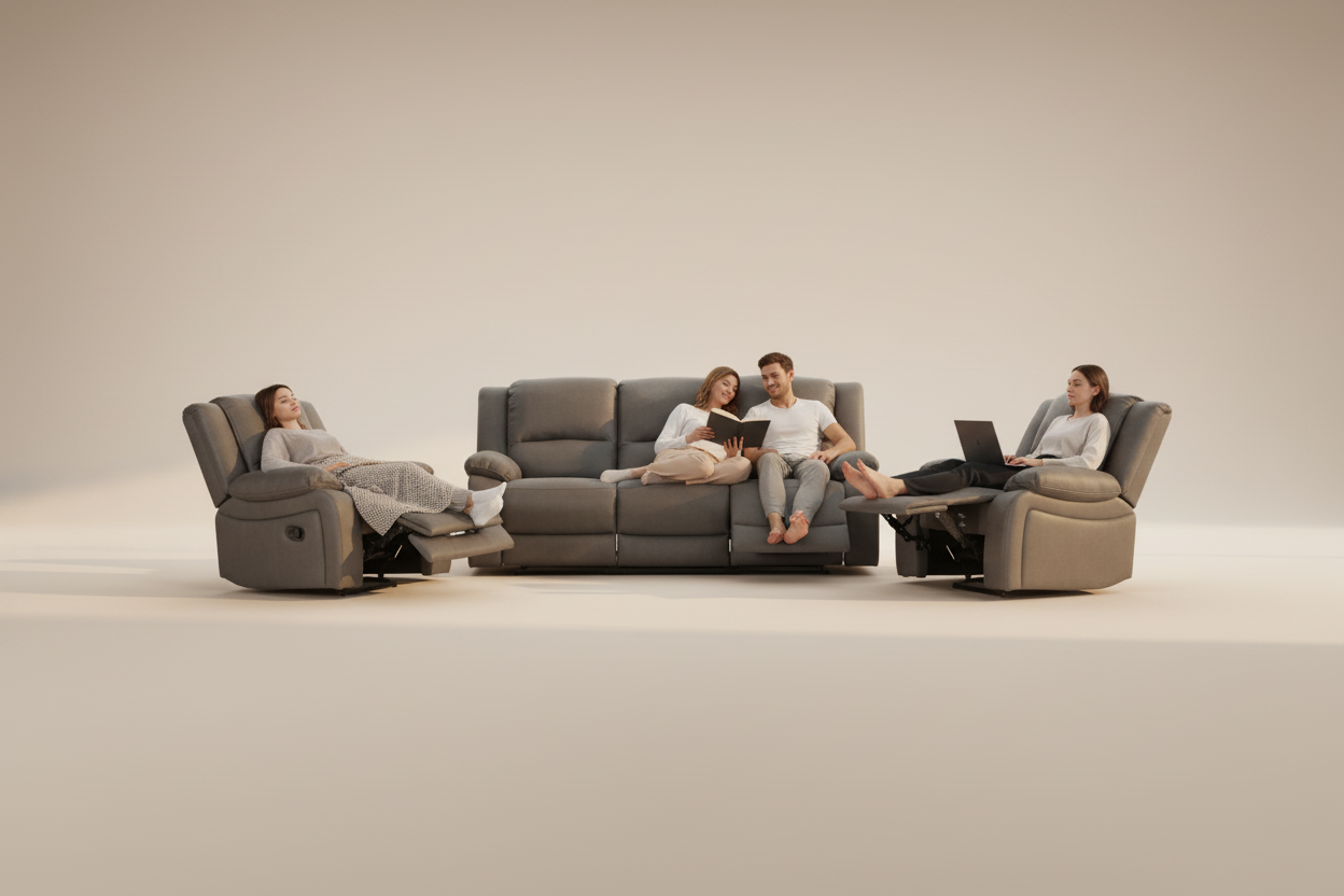 Gray reclining sofa set on a white background