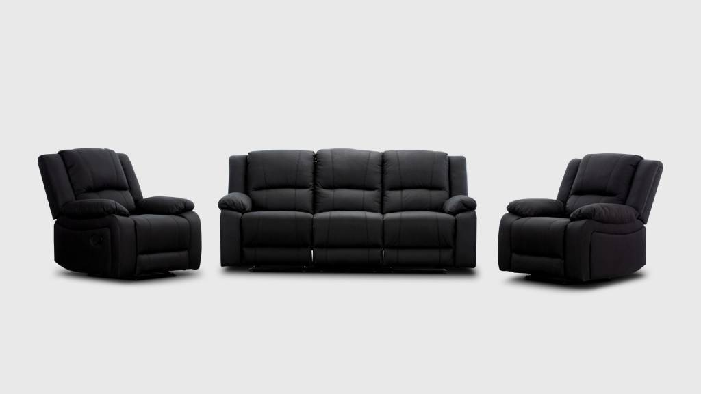 OFFO Captain 3 Seater Lounge with 2 Single Recliner Rhino Fabric Set -Black Onyx