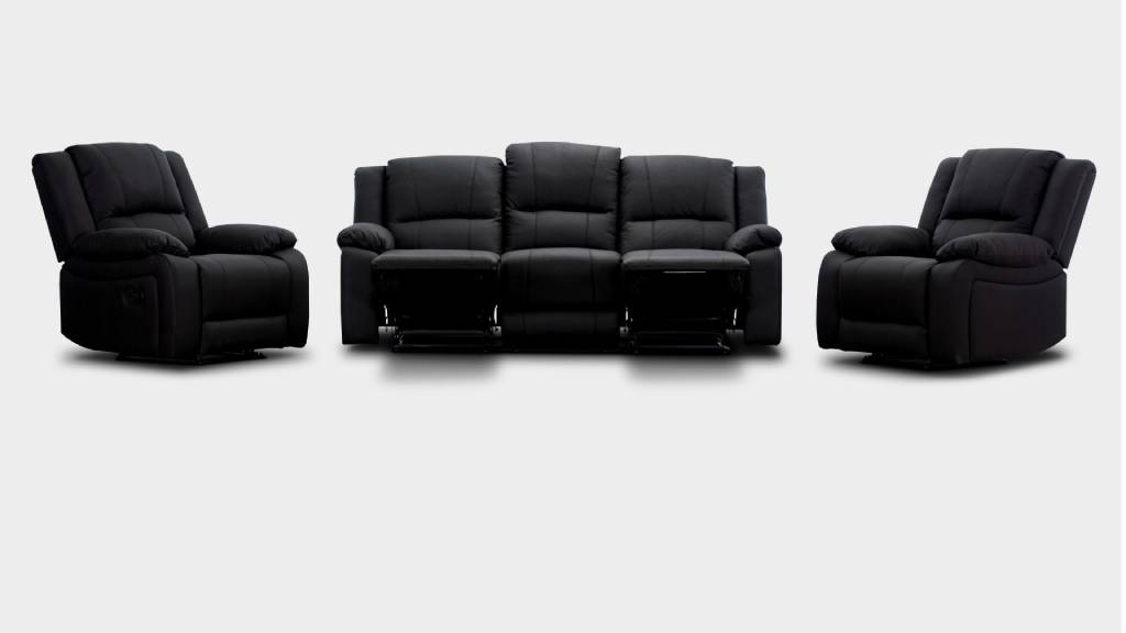 OFFO Captain 3 Seater Lounge with 2 Single Recliner Rhino Fabric Set -Black Onyx