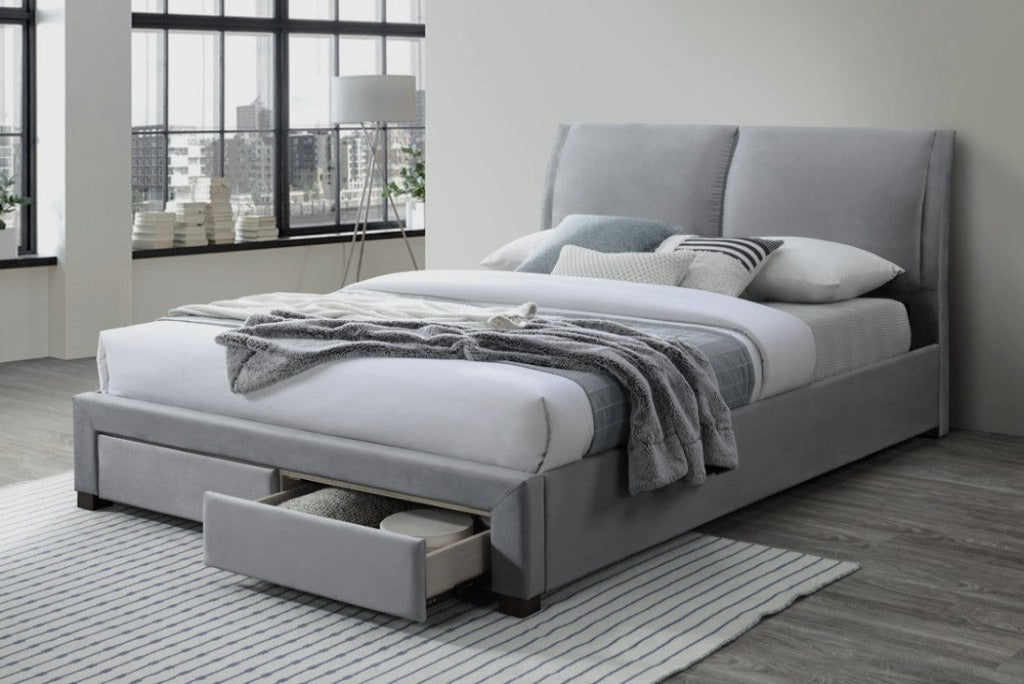 OFFO Ava 2 Drawer Storage Upholstered Fabric Queen Bed- Grey