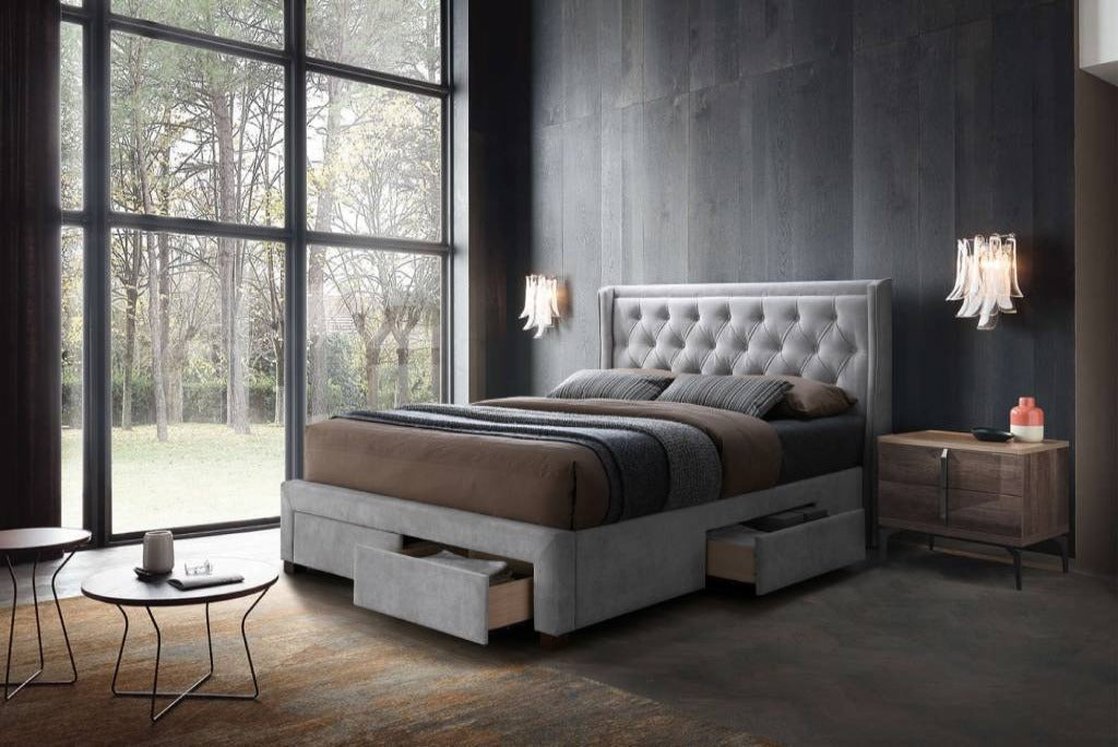 Riley 4 Drawer Upholstered Fabric Storage Queen Bed Silver Grey