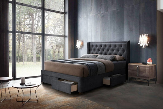 OFFO Riley 4 Drawer Upholstered Fabric  Storage Queen Bed Dark Grey