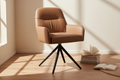 Brown leather armchair with black metal legs on a white background