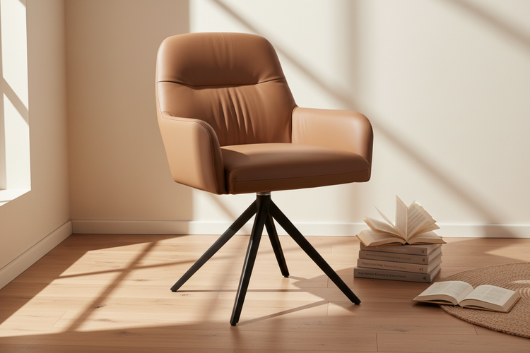 Brown leather armchair with black metal legs on a white background