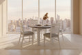 A white round dining table set with four chairs, the table has a multi-colored wooden top and metal legs, the chairs have white backrests and grey seats.