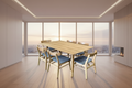 A seven-piece dining set with a rectangular natural-colored wooden table and six chairs with upholstered seats in a combination of blue and dark grey.