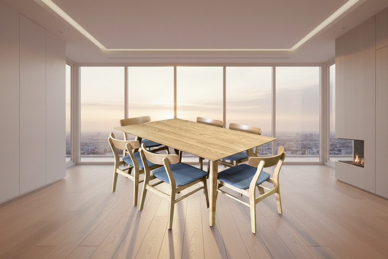 A seven-piece dining set with a rectangular natural-colored wooden table and six chairs with upholstered seats in a combination of blue and dark grey.