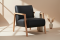 Black armchair with wooden frame on a light gray background