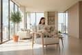 Beige armchair with wooden frame on a white background