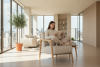 Beige armchair with wooden frame on a white background