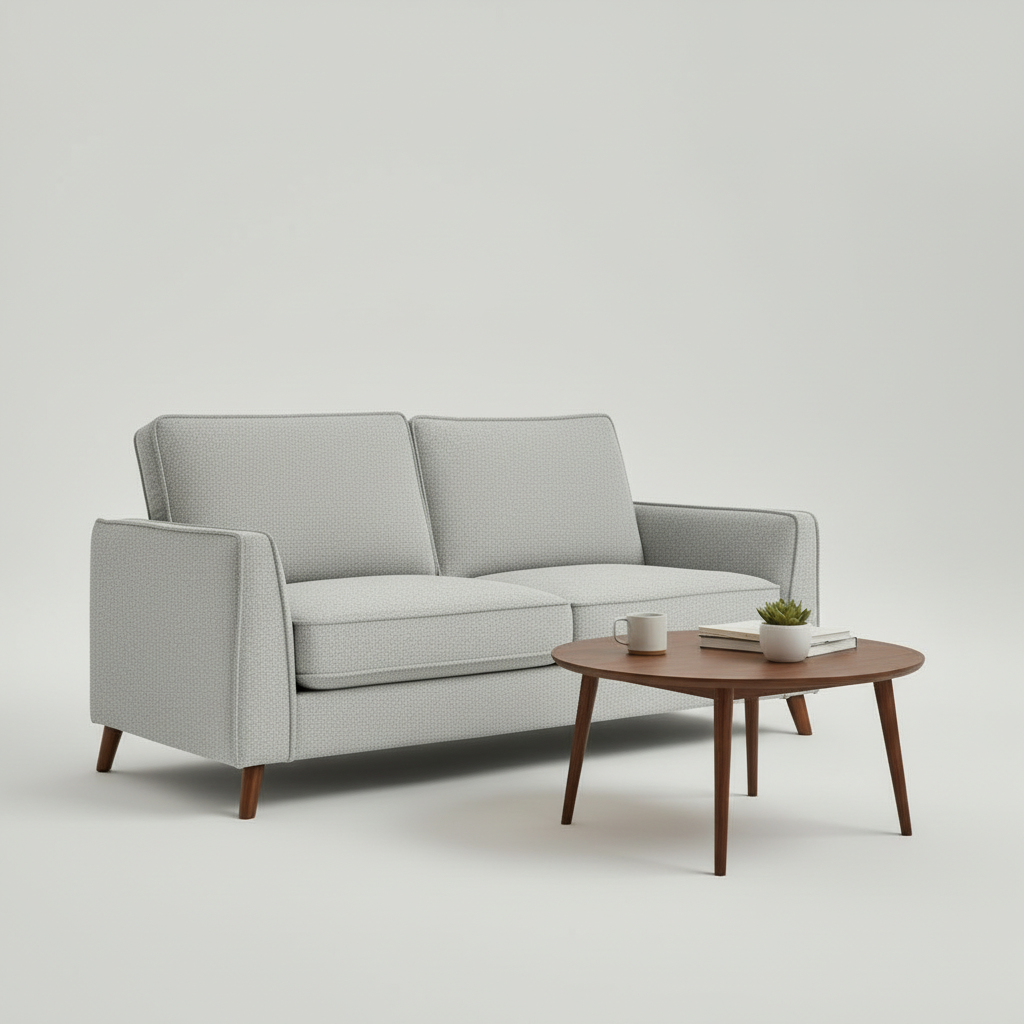 Man sitting on a gray sofa in a living room reading a book.
