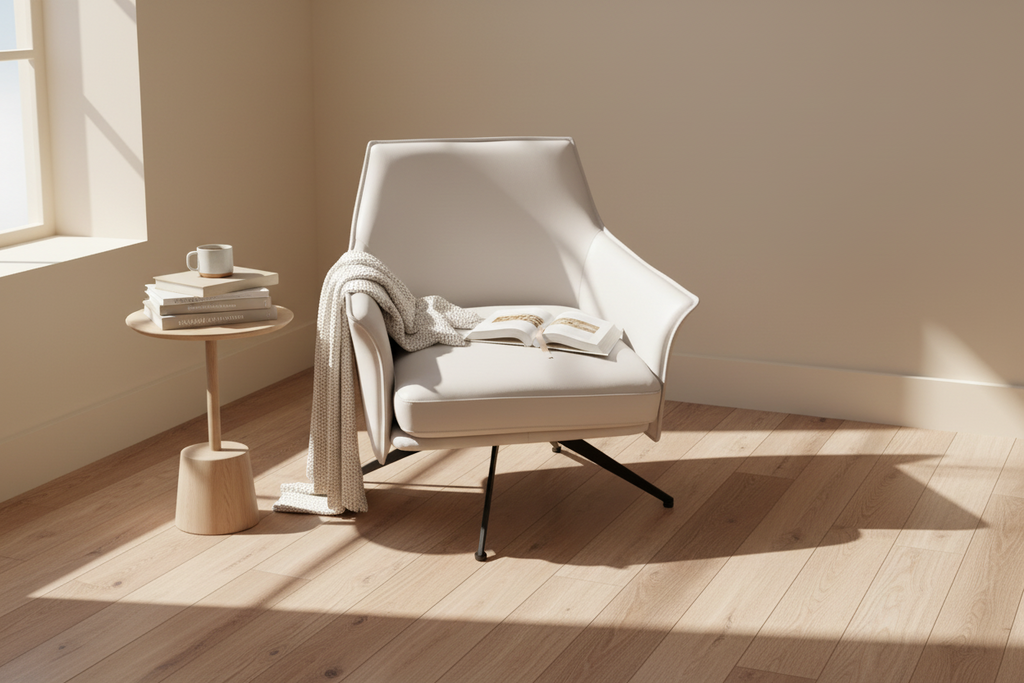 White armchair with black legs on a gray background