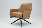 A mid brown leather swivel arm chair with a modern frame and black powder-coated metal legs, featuring a loose seat cushion and a high backrest.