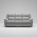Gray sofa in a room with white walls and bookshelves.