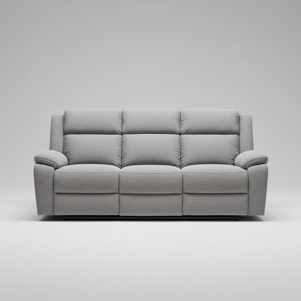 Gray sofa in a room with white walls and bookshelves.
