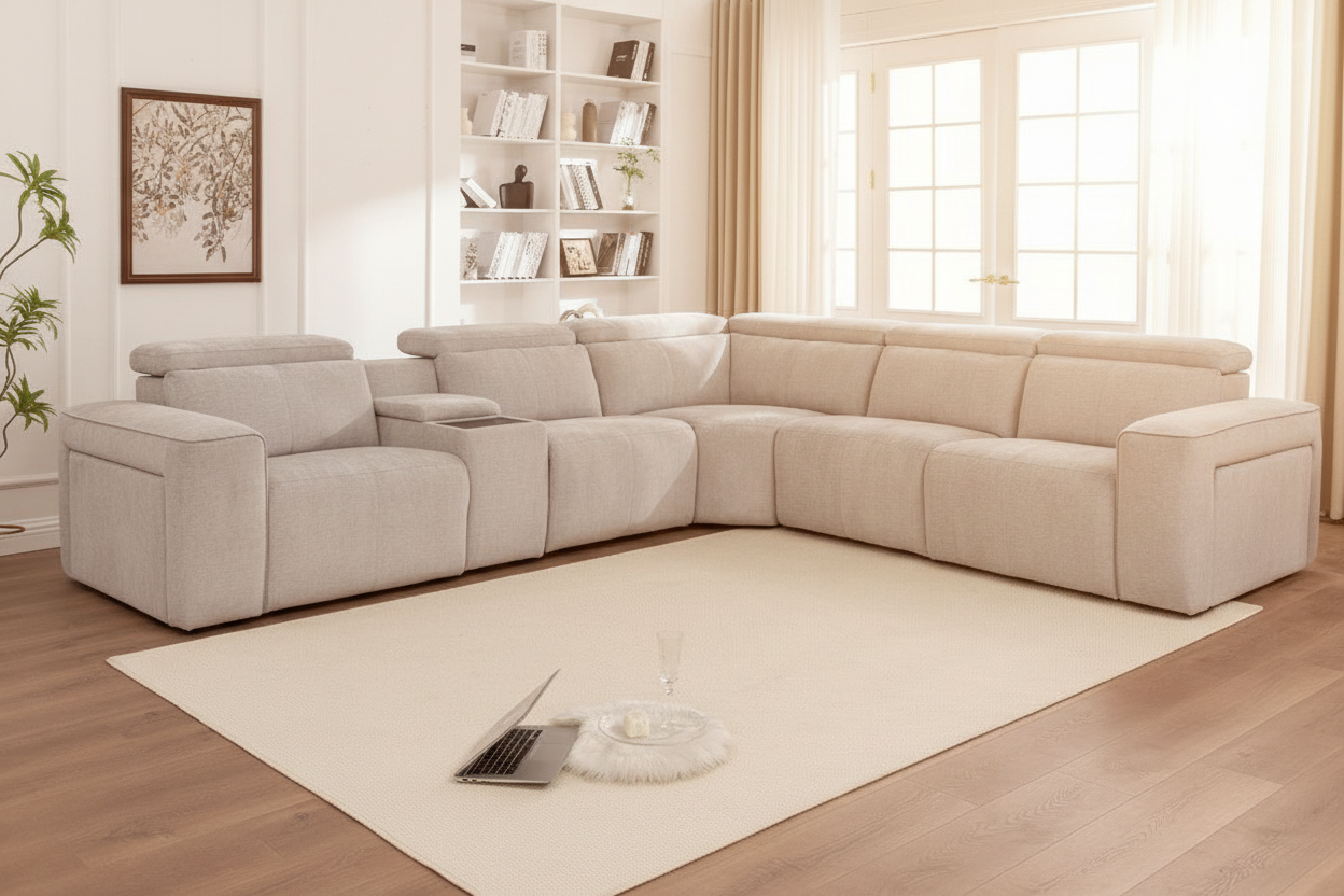 Gray sectional sofa in a living room with a laptop and plant on a rug.