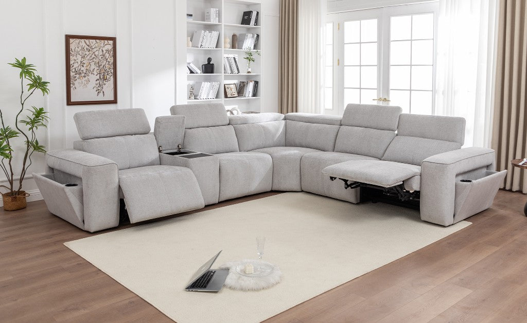 Eclipse Fabric Corner Modular W/2 End Electric Recliner -Mist