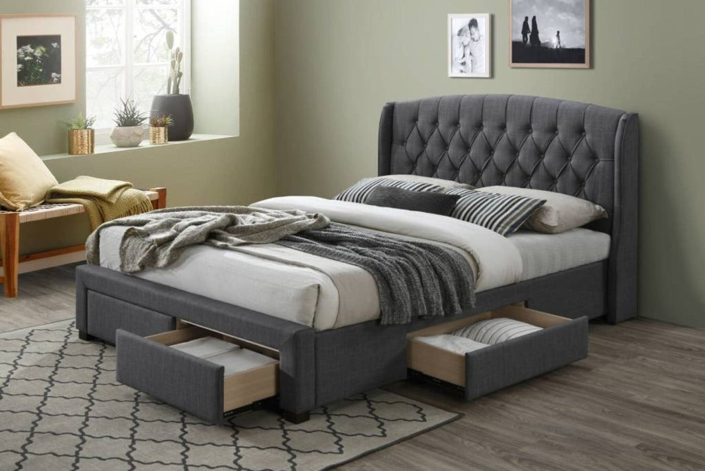 Kingsvix 4 Drawers Upholstered Fabric King Bed Stone Light Grey