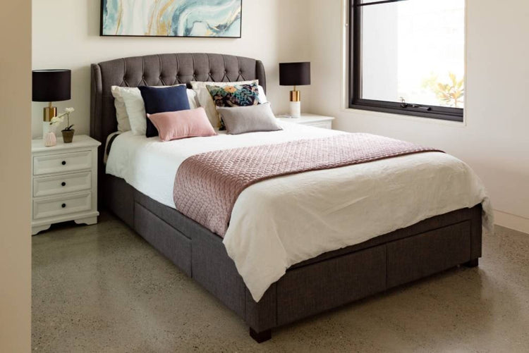 Kingsvix 4 Drawers Upholstered Fabric King Bed Stone Light Grey