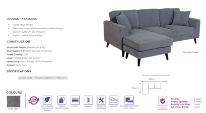 Watson Bay Fabric 3+2 Seater With 4 Scatter Cushions -Dark Grey