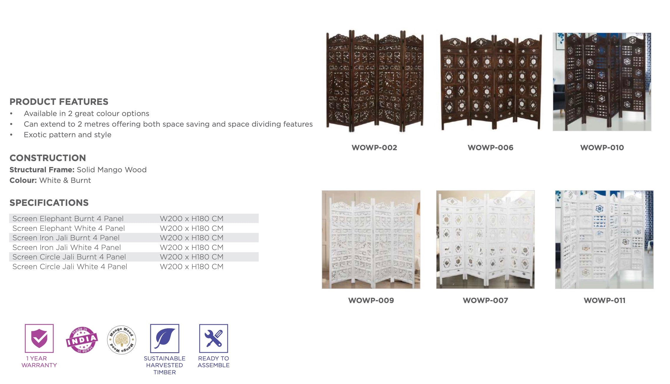 DIEGO White Antique Partition Wall Decorative Privacy Screen