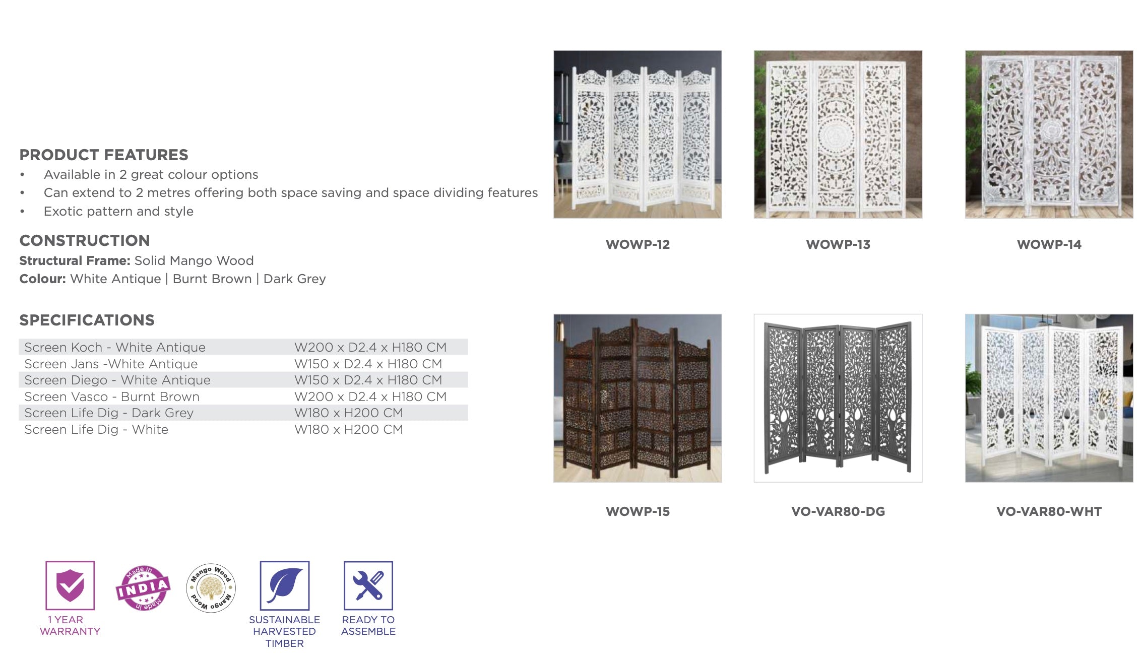 DIEGO White Antique Partition Wall Decorative Privacy Screen