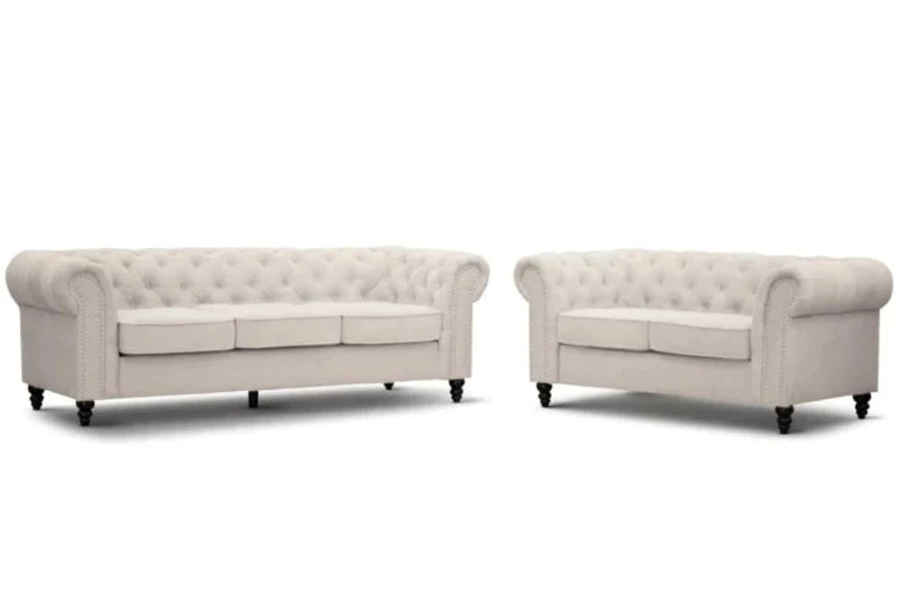 Taegon Royal Chesterfield 3+2 Seater Fabric Sofa- Beige